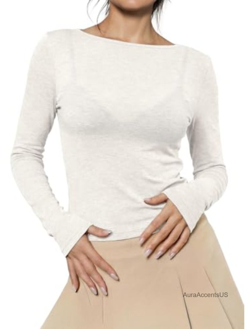 Wool Blend Sheer Boat Neck Long Sleeve Tops for Women